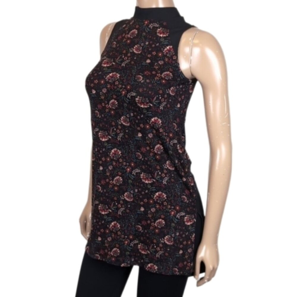 Reitmans Sleeveless Tunic Blouse Floral Sheer Chiffon Split Hem Mock Neck Top
